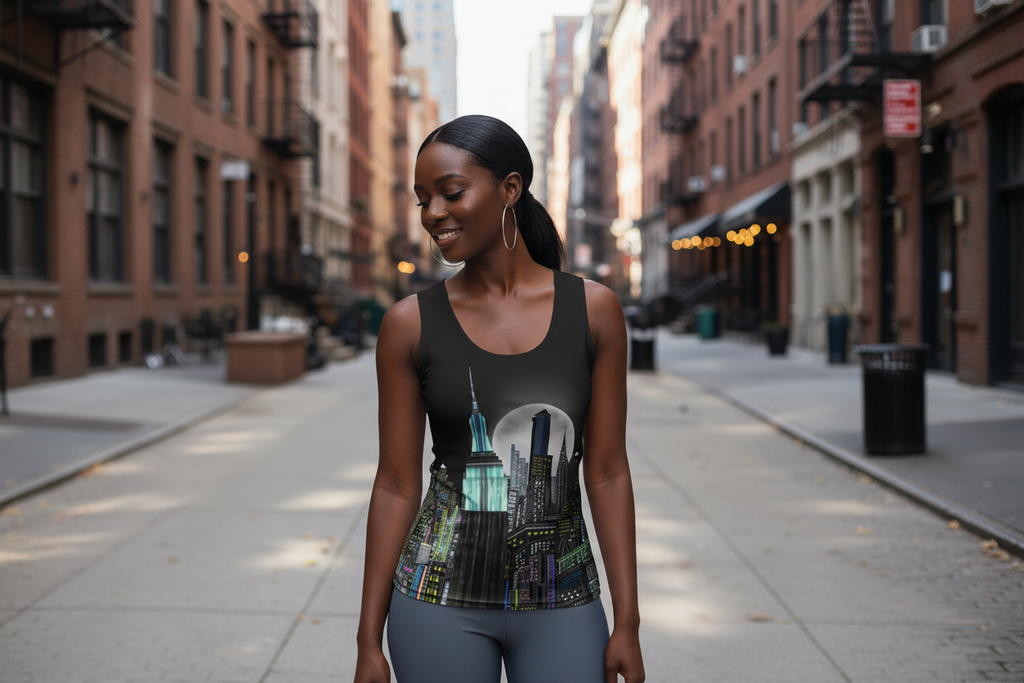 Woman wearing a tank top with a cityscape Loria NYC Art design on a city street.