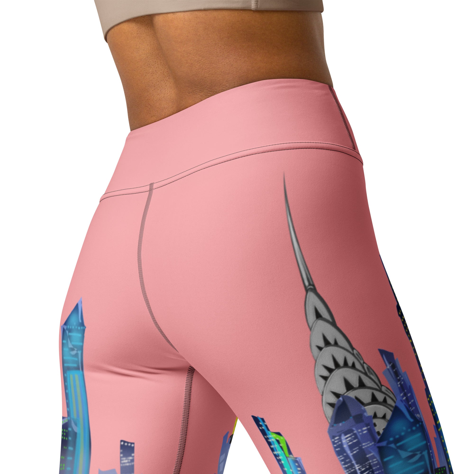 Pink leggings with colorful cityscape Loria NYC Art design on a white background