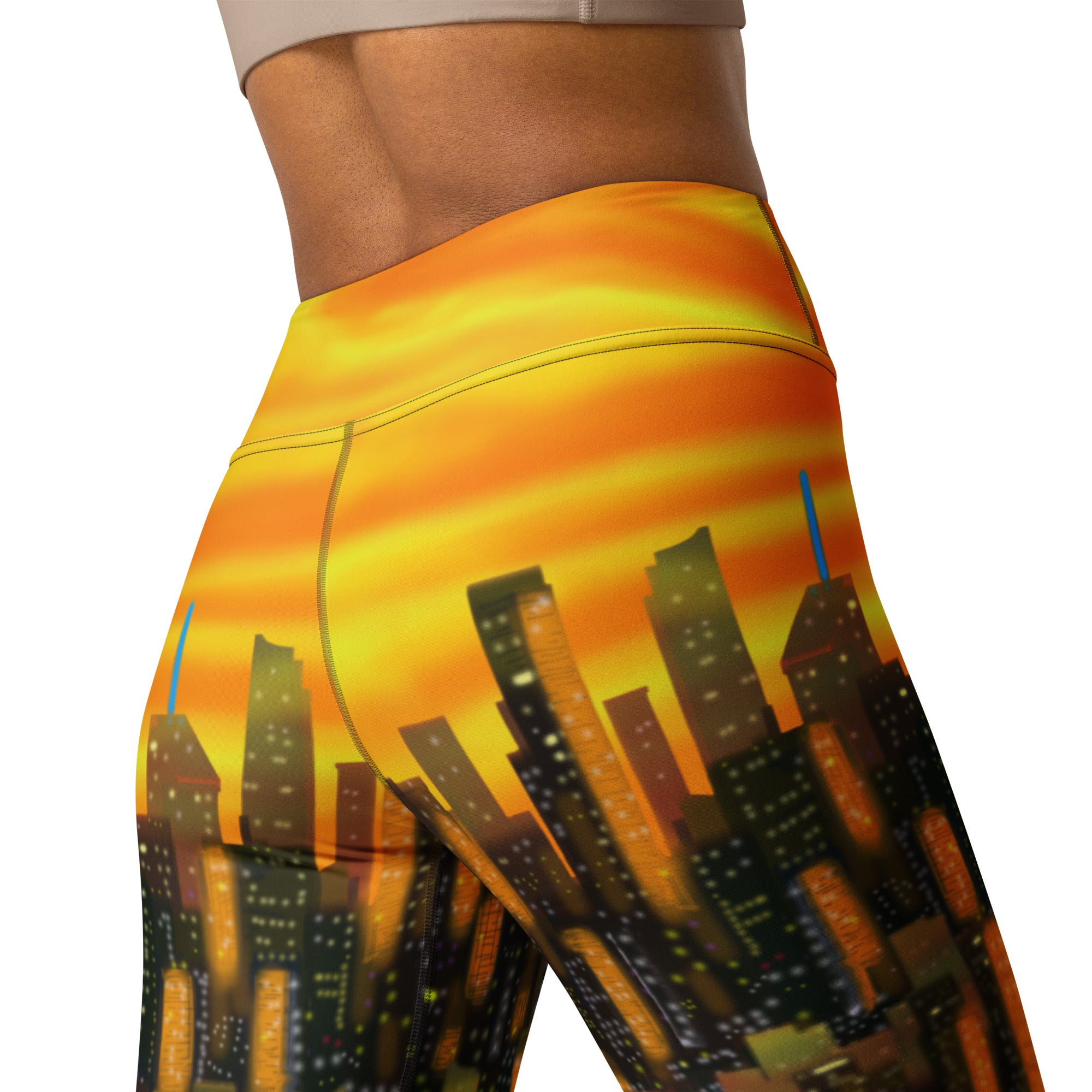 Back of Loria NYC Art Leggings with a cityscape design on a white background