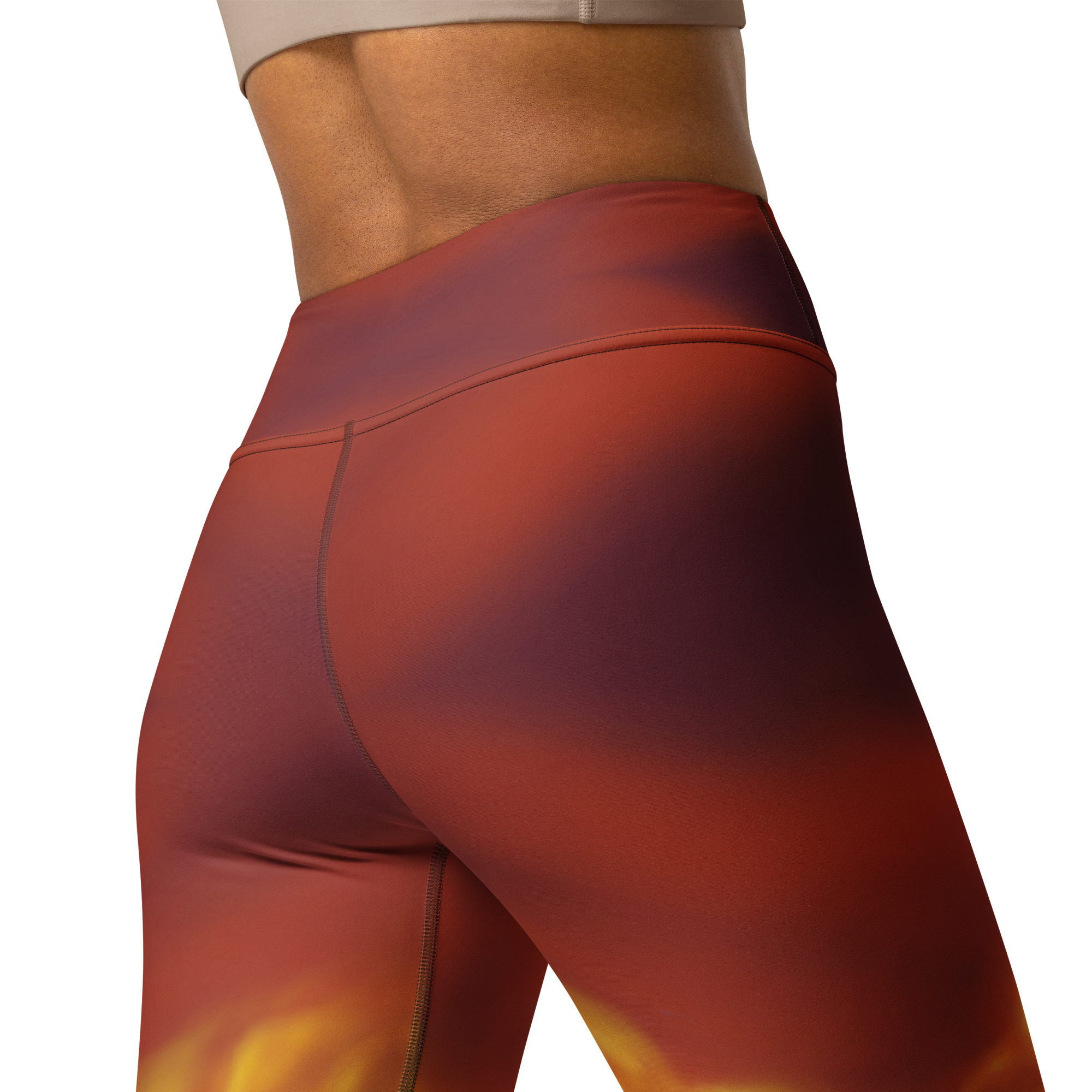Red Loria NYC Art leggings with a gradient effect on a white background