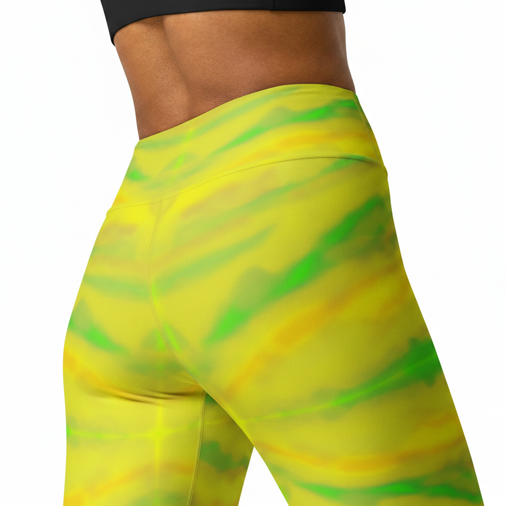 Yellow and green marbled Loria NYC Art leggings on a white background