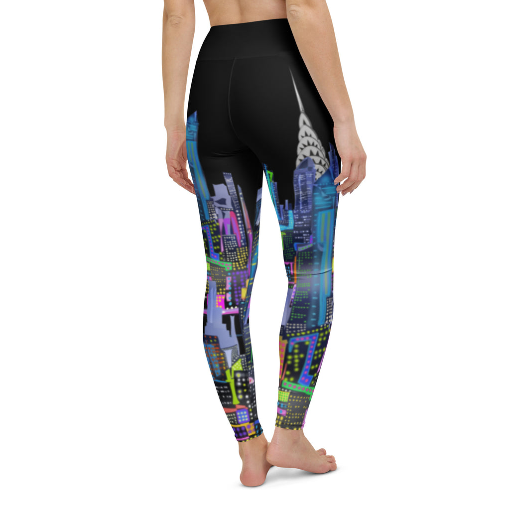 Leggings with a colorful cityscape  Loria NYC Art design worn by a person on a white background