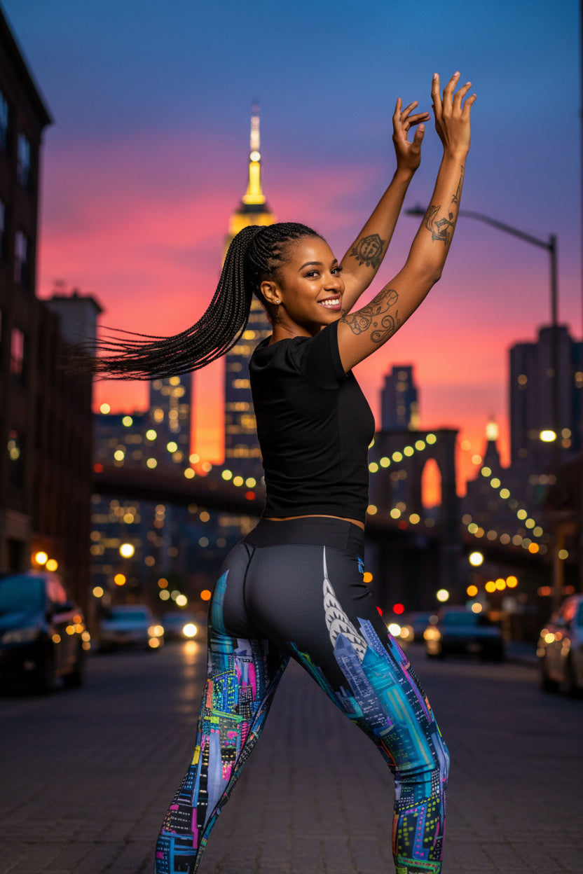 Back side of Loria NYC Art  Leggings with a colorful cityscape design on a black background