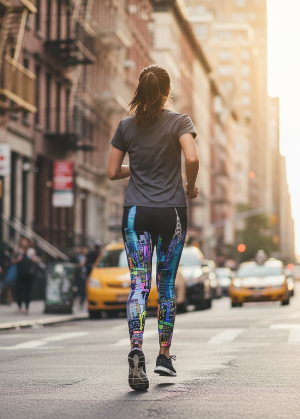 Person running with Loria NYC Art leggings on a city street with tall buildings and pedestrians in the background