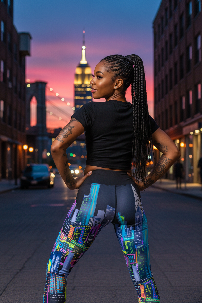Woman in colorful Loria NYC Art leggings and black top standing on a city street at dusk with the Empire State Building in the background.