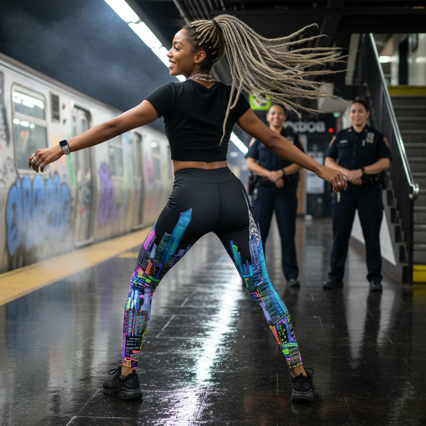 Girl in subway dancing with colorful Loria NYC Art skyline leggings with police smiling looking on