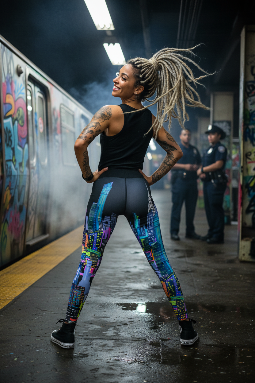 Woman in colorful Loria NYC Art leggings standing on a subway platform with graffiti art in the background
