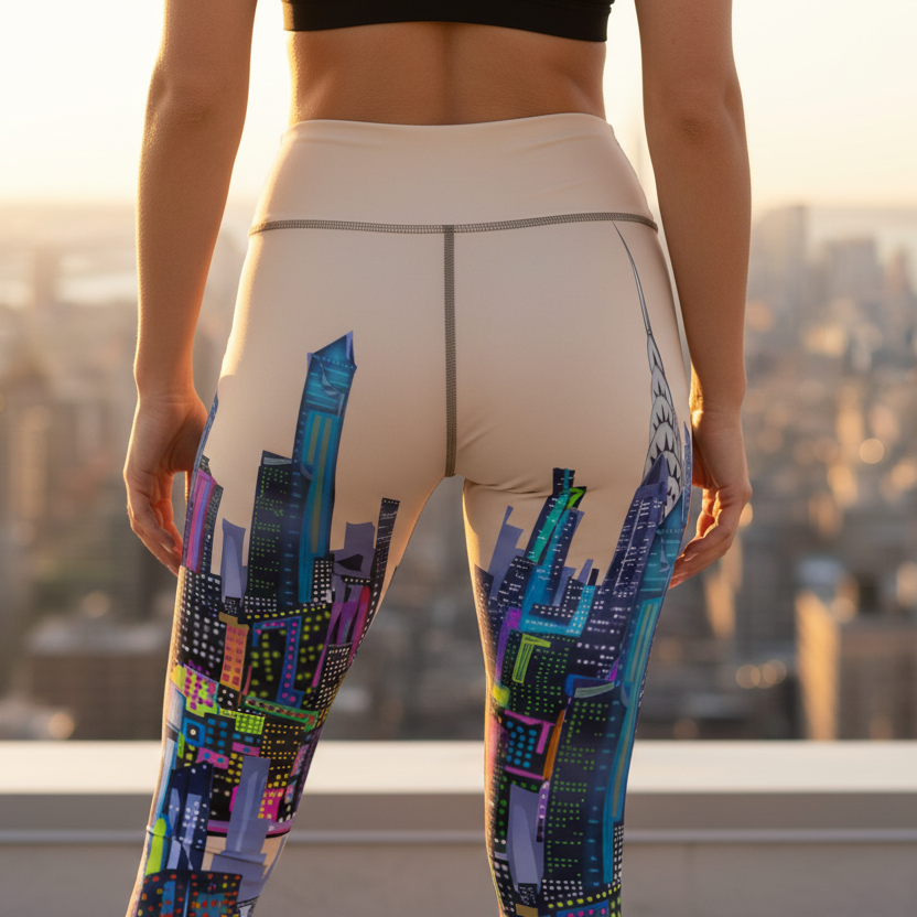 Person wearing colorful Loria NYC Art leggings with a cityscape design, standing on a rooftop with a city view in the background.