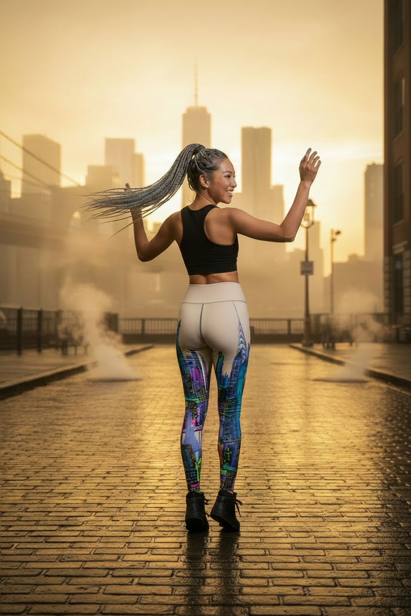 Woman in Loria NYC Art athletic wear standing on a city street with a sunset skyline.
