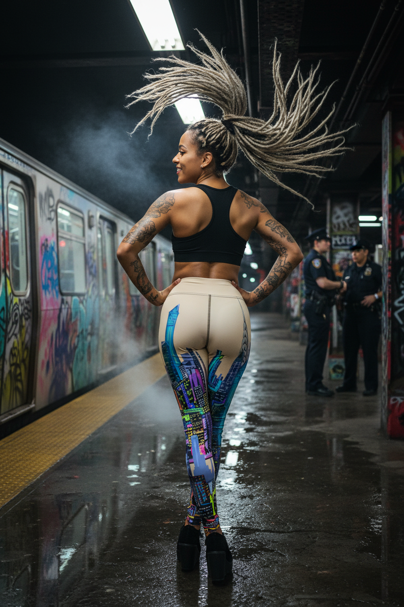 Person in colorful Loria NYC Art leggings and black top standing on a subway platform with graffiti on the train.