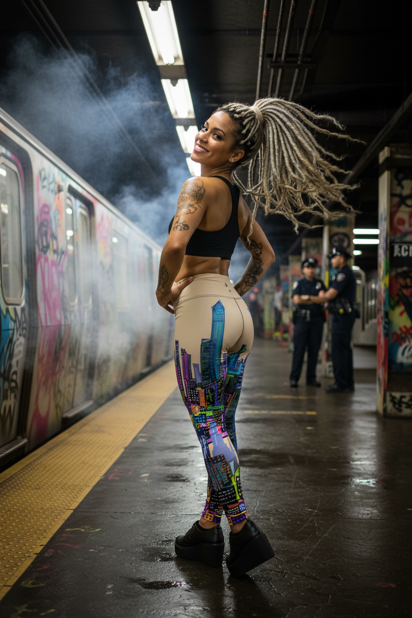 Woman in athletic Loria NYC Art wear standing on a subway platform with graffiti art in the background