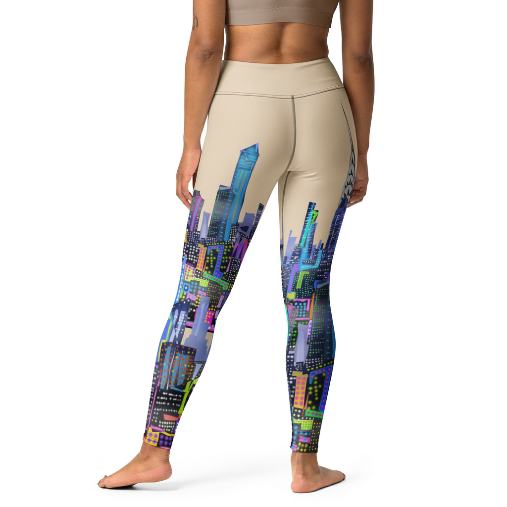 Leggings with colorful cityscape Loria NYC Art design worn by a person on a white background