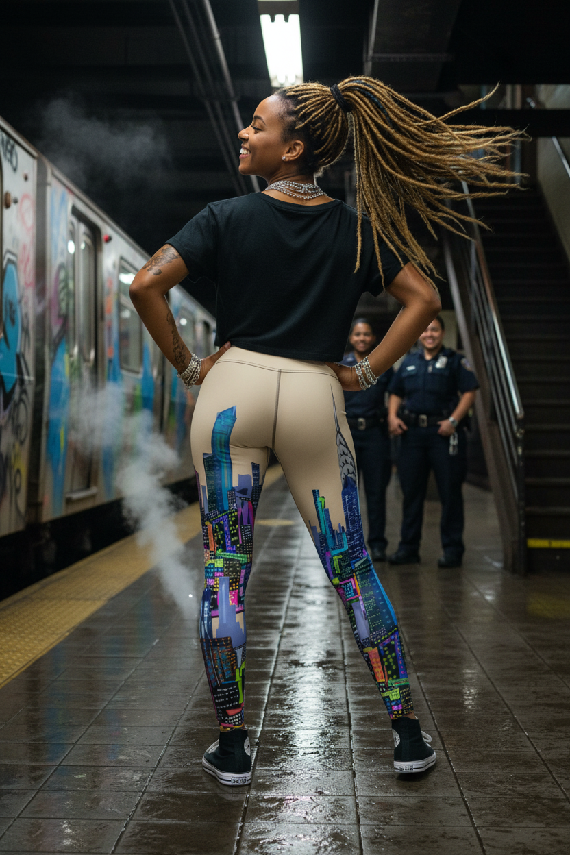 Person wearing colorful Loria NYC Art leggings and a black top on a subway platform with two police officers in the background.