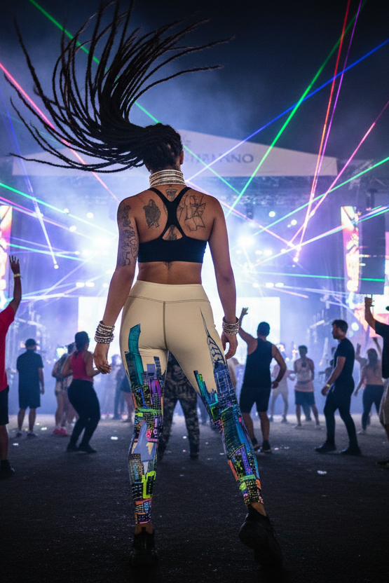 Person with long hair and colorful Loria NYC Art leggings at a music festival with laser lights and crowd in the background