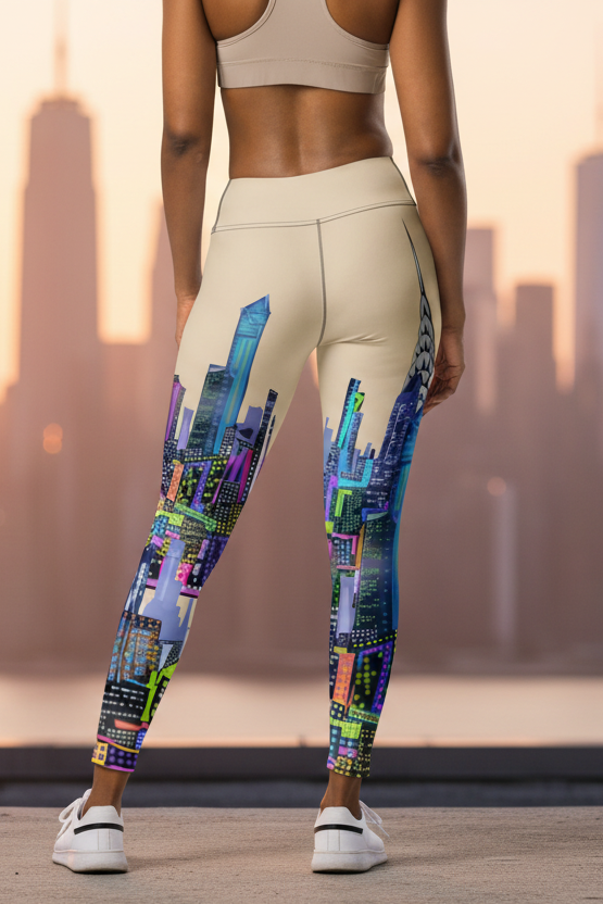 Person wearing colorful cityscape Loria NYC Art leggings with a blurred city skyline in the background