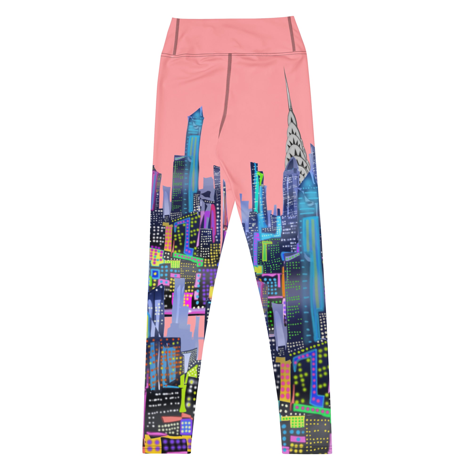Leggings with colorful cityscape Loria NYC Art design on a pink background
