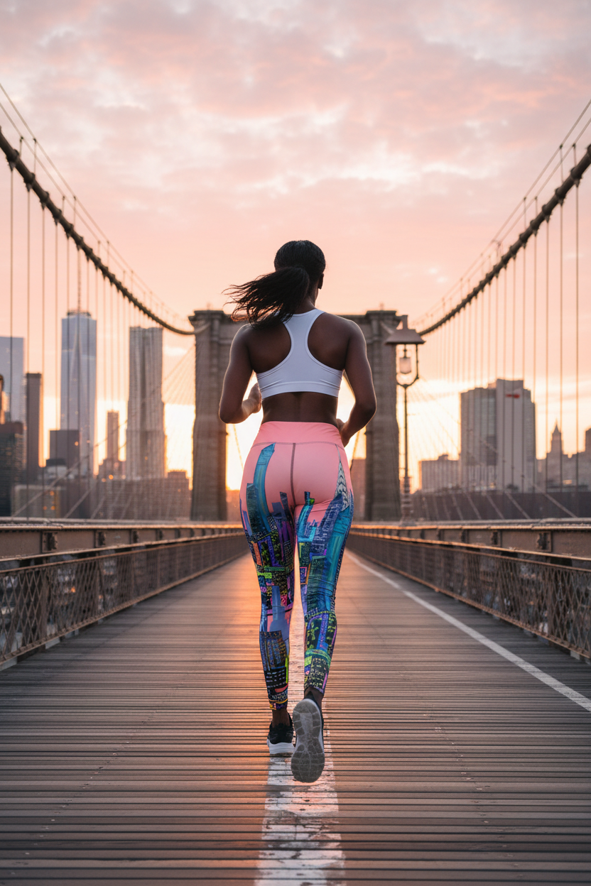 Person running on a bridge wearing Loria NYC Art pink skyline leggings during sunset.