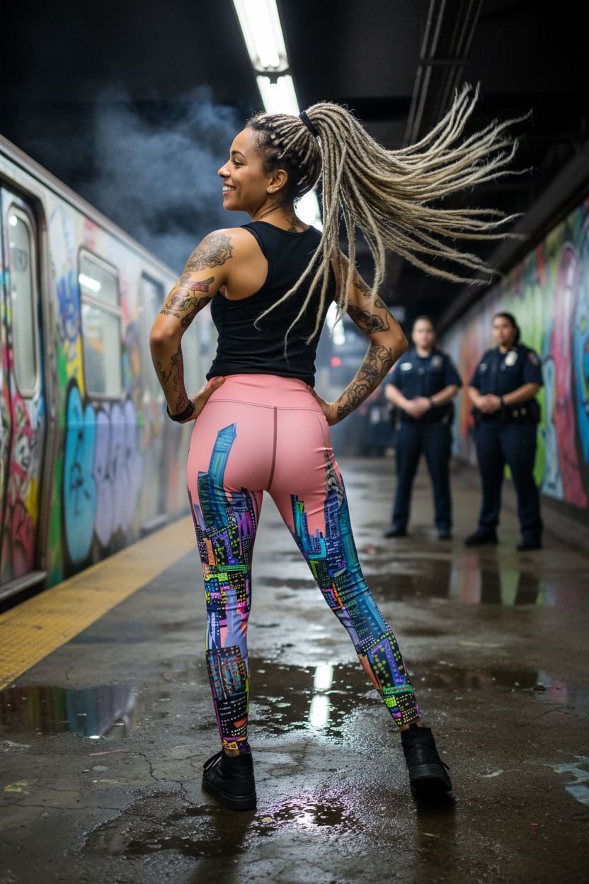 Woman in colorful Loria NYC Art leggings and black top standing on a subway platform with two police officers in the background.