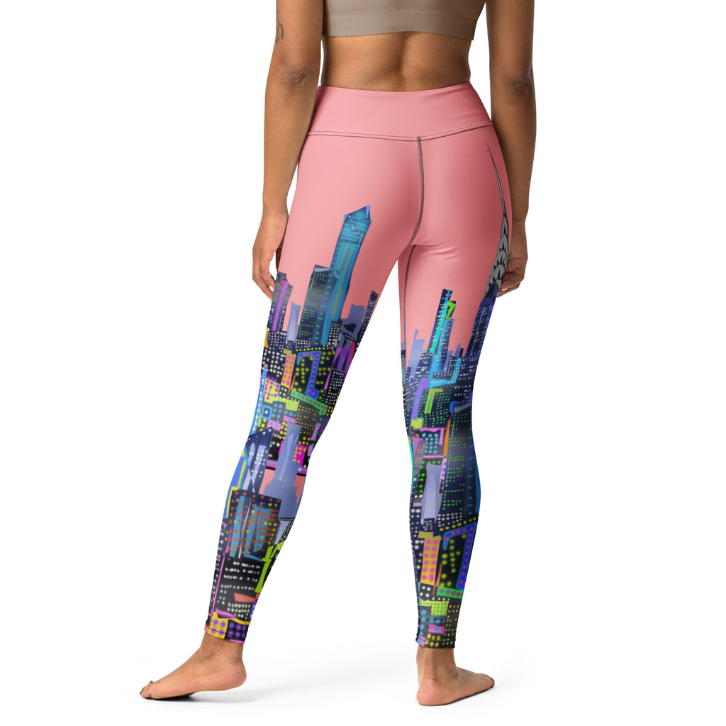 Leggings with colorful Loria NYC Art cityscape design on a white background