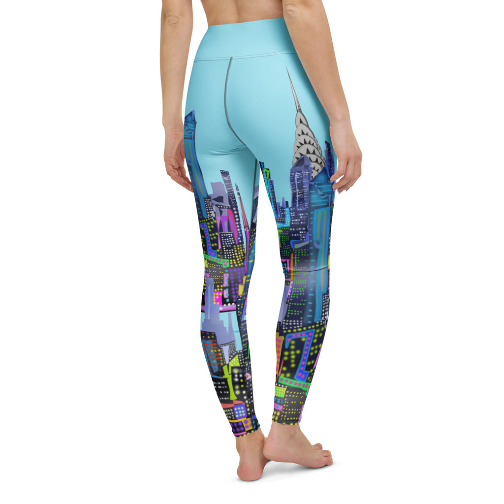 Leggings with a Loria NYC Art colorful cityscape design on a white background