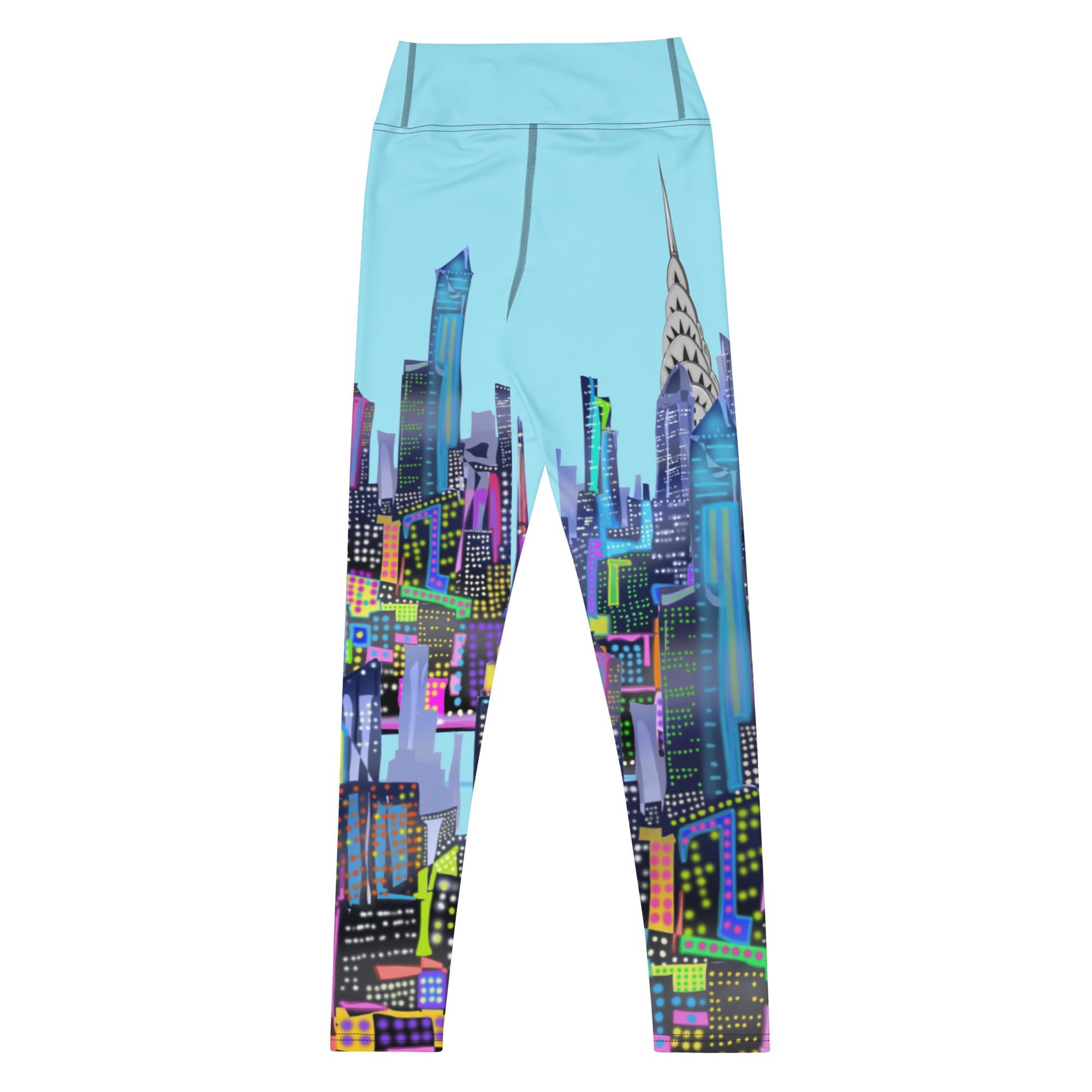 Back of Blue Leggings with Loria NYC Art cityscape design on a white background