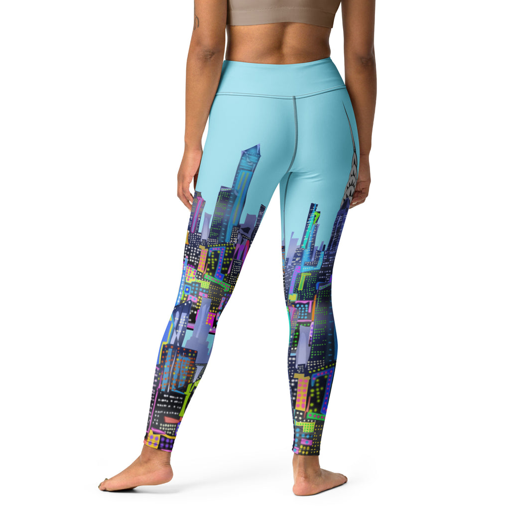 Leggings with cityscape Loria NYC Art design worn by a person on a white background