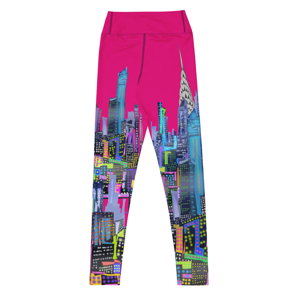 Back of Leggings with a fuchsia colorful Loria NYC Art cityscape design on a pink background