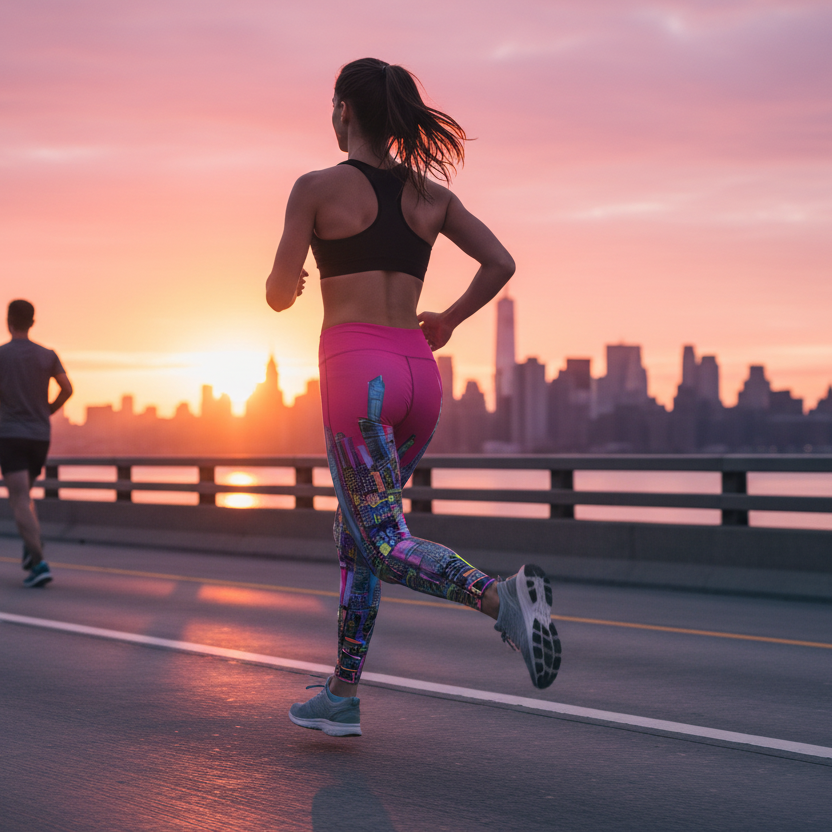 Woman running on a bridge wearing city skyline Loria NYC Art leggings with sunset in the background