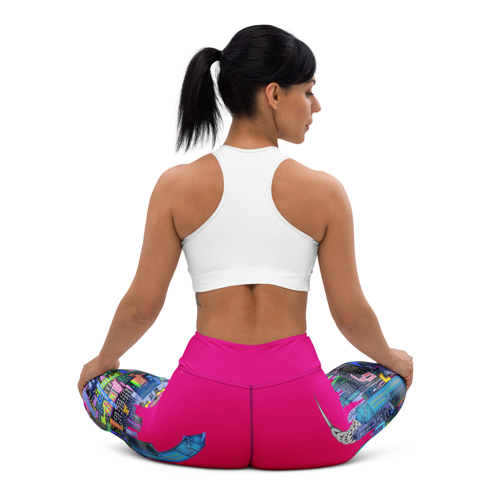 Woman wearing a colorful fuchsia pink Loria NYC Art skyline designed leggings 