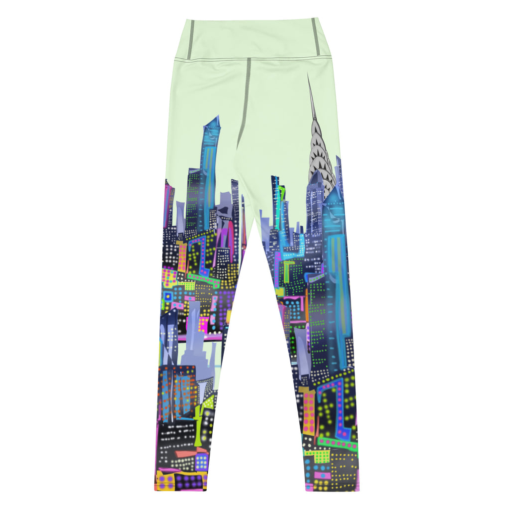 Rear view of Leggings with colorful cityscape Loria NYC Art design on a light green background