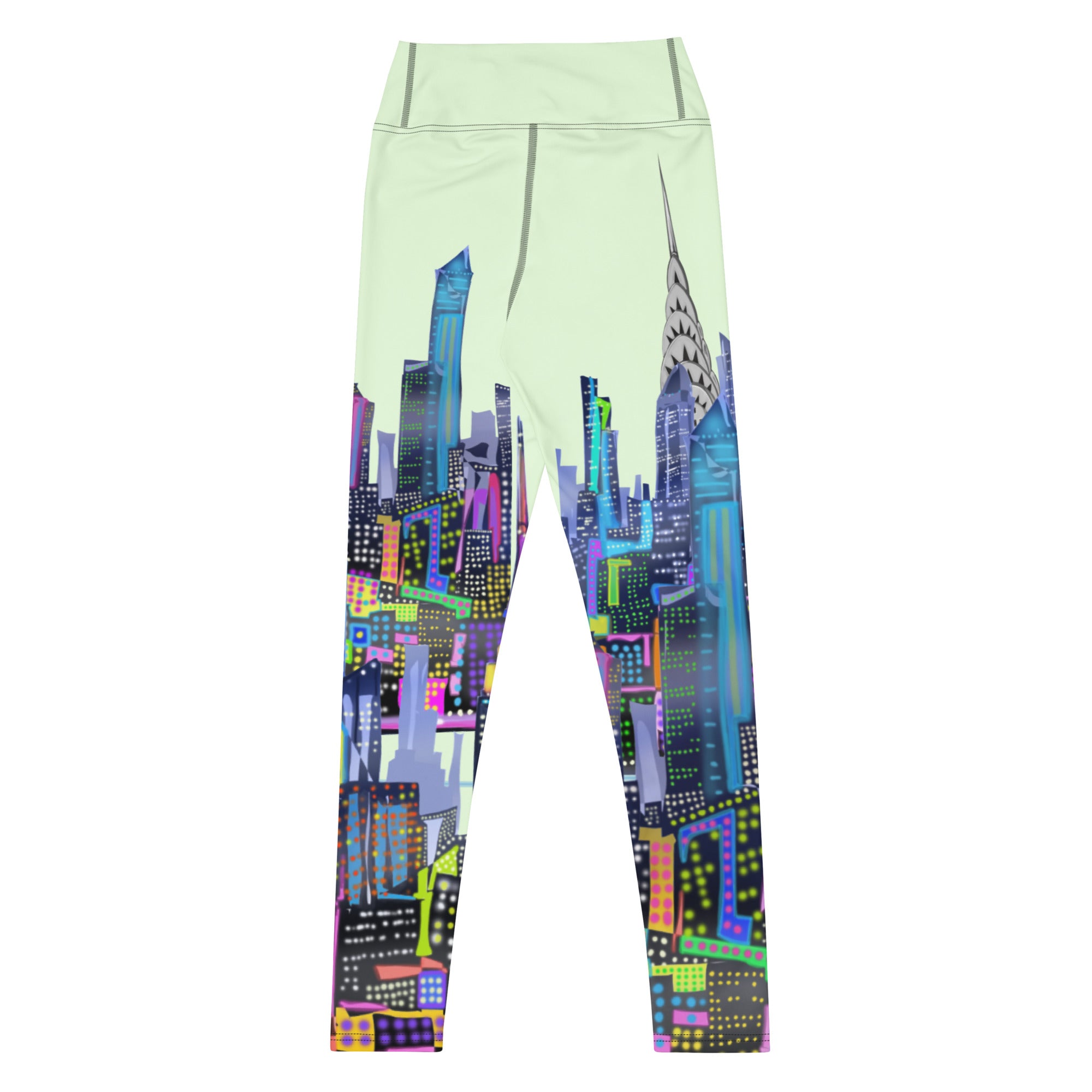 Rear view of Leggings with colorful cityscape Loria NYC Art design on a light green background