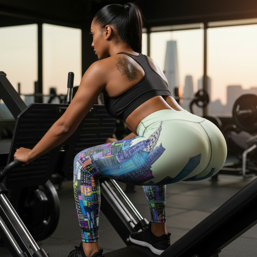 Woman exercising on a machine in a gym wearing Loria NYC Art green cityscape leggings