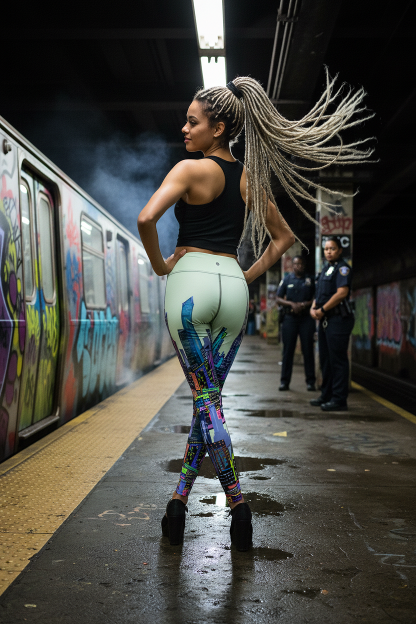 Woman in colorful Loria NYC Art leggings standing on a subway platform with graffiti art and police officers in the background.