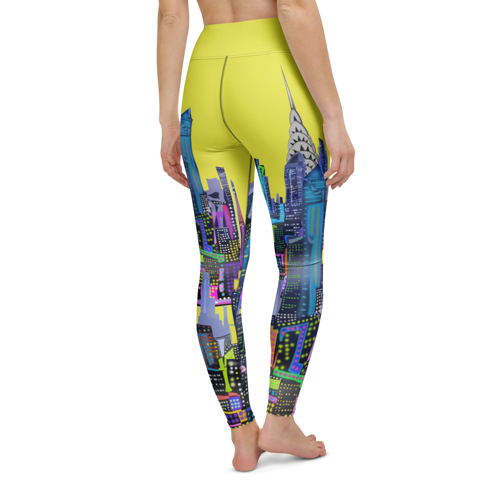 Back view of Leggings with a colorful cityscape  Loria NYC Art design on a white background