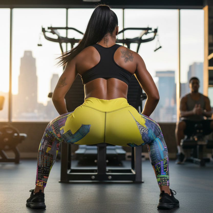 Person exercising in a gym wearing yellow cityscape Loria NYC Art leggings 