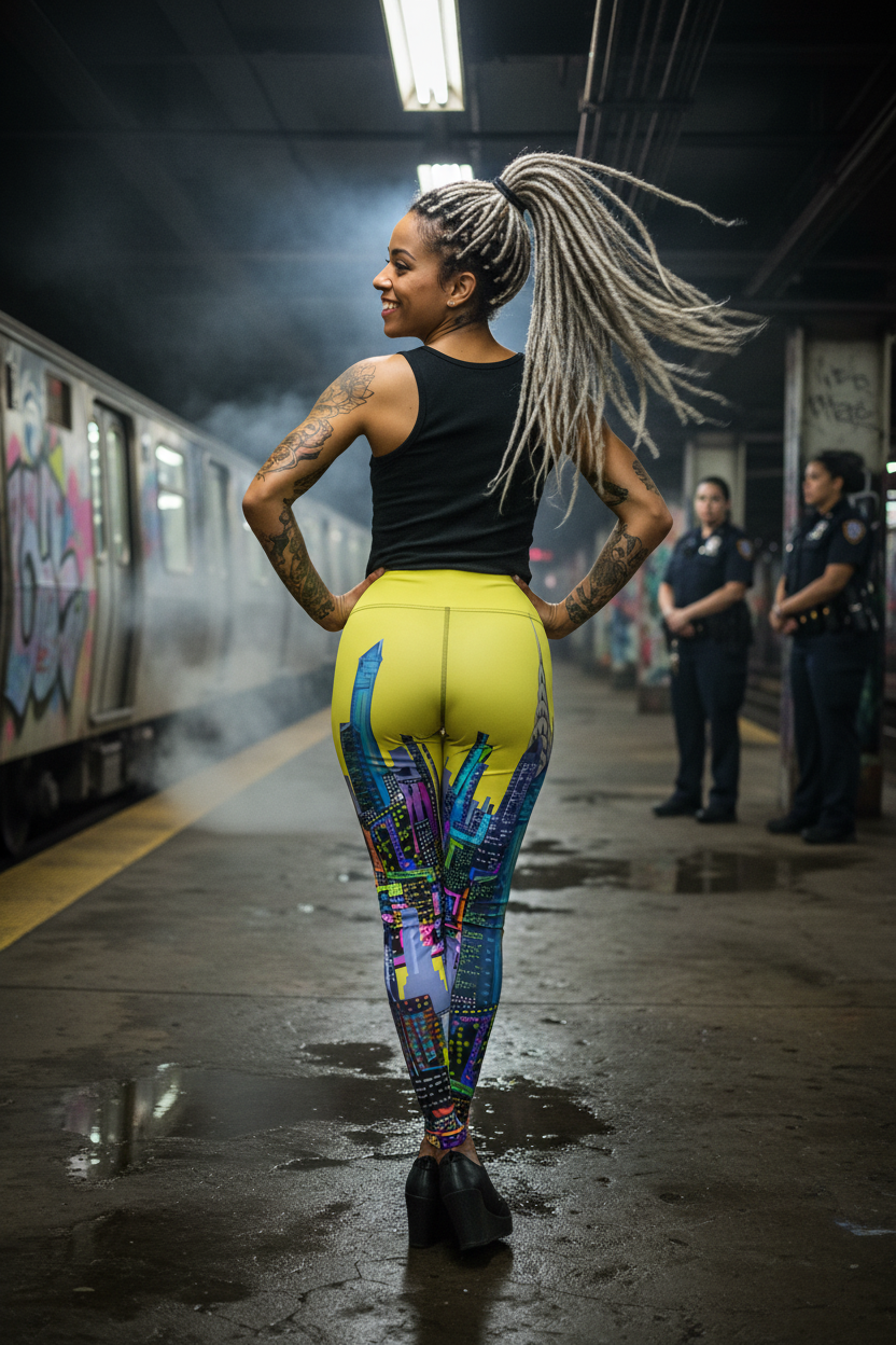Person wearing colorful Loria NYC Art leggings and a black top on a subway platform with graffiti.