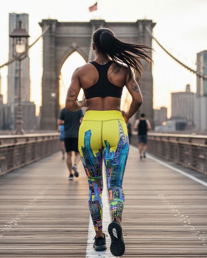 Person running on a Brooklyn Bridge wearing city skyline Loria NYC Art yellow leggings  