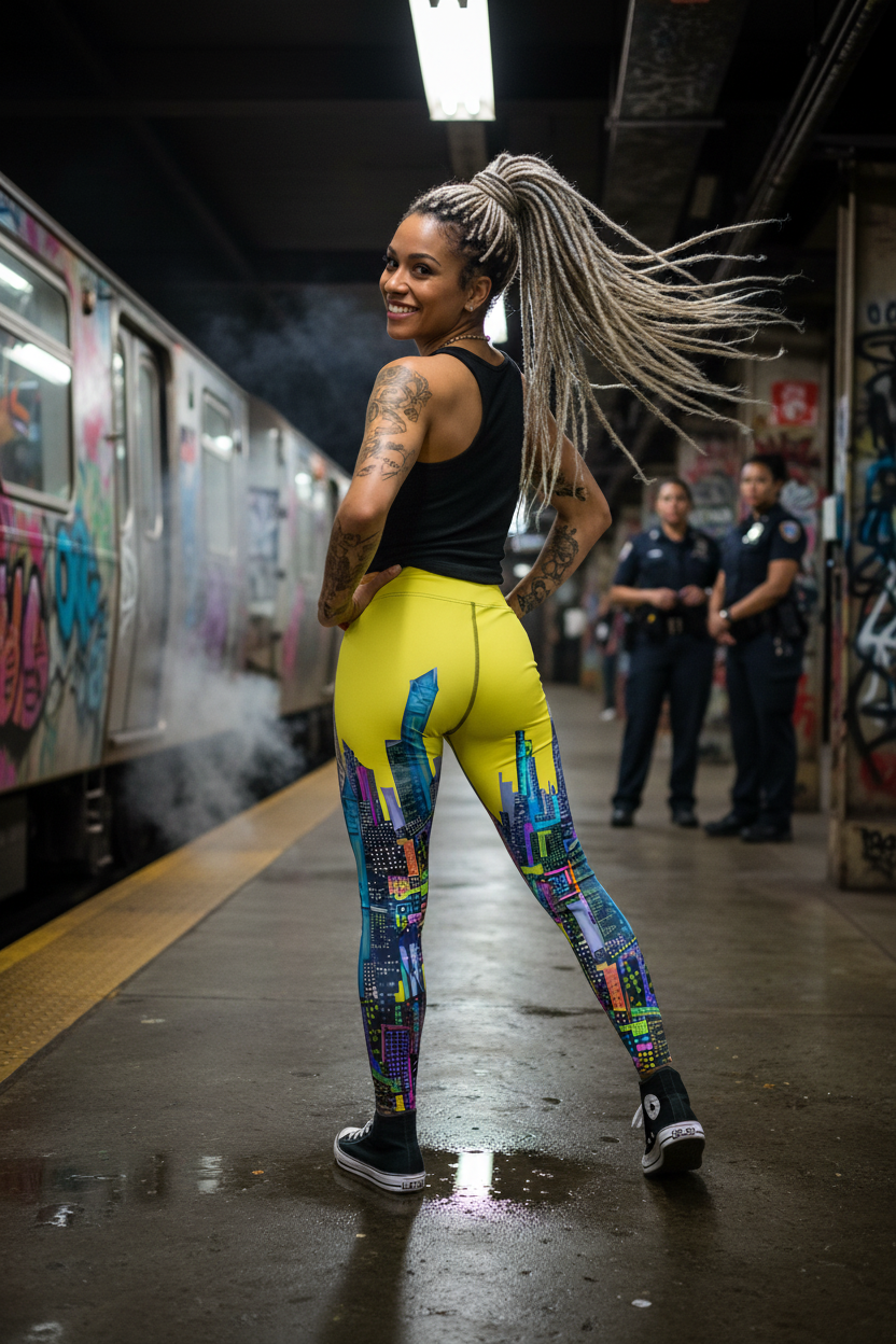 Woman in colorful Loria NYC Art leggings and black top standing on a subway platform with graffiti on the wall.