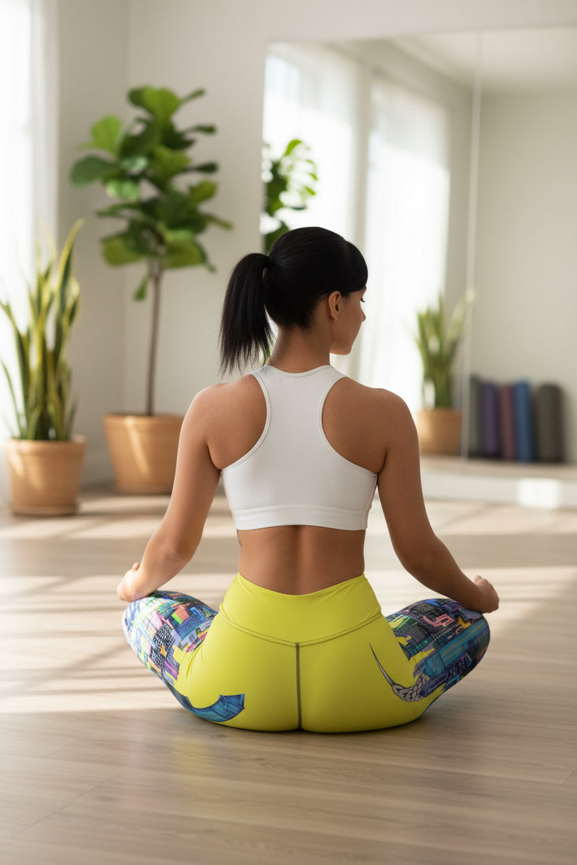 Woman wearing colorful yoga Loria NYC Art pants with a white background