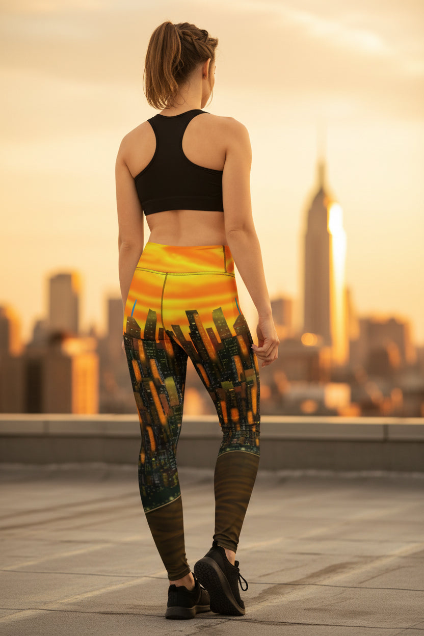 Woman in a gym wearing Loria NYC Art colorful leggings and a white sports bra, holding a jump rope.