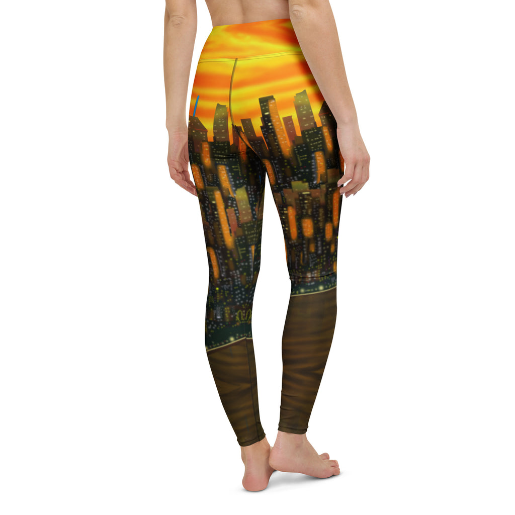 Rear view of Leggings with a cityscape Loria NYC Art design on a white background