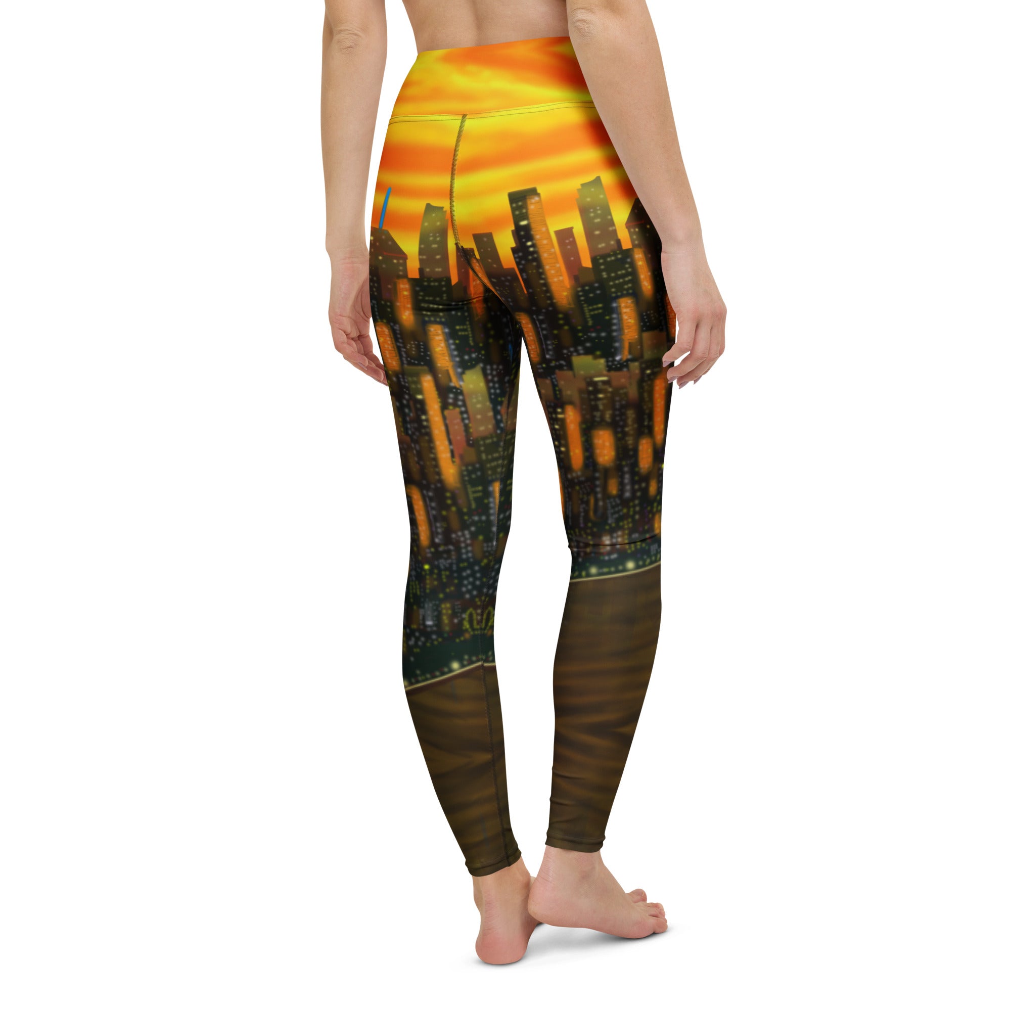 Rear view of Leggings with a cityscape Loria NYC Art design on a white background
