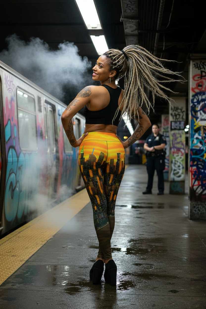 Woman wearing colorful Loria NYC Art leggingswith styled hair standing on a graffiti-covered subway platform
