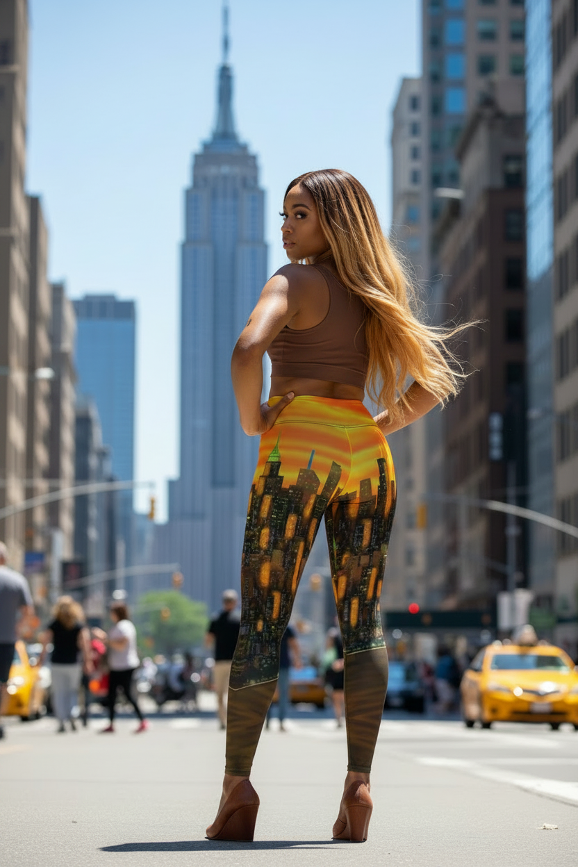 Woman in a yellow top and Loria NYC Art leggings standing on a city street with the Empire State Building in the background.
