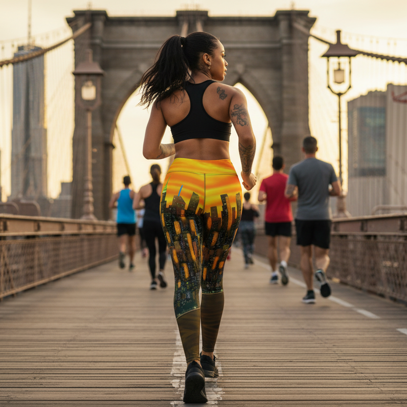 Person running wearing Loria NYC Art leggings on a bridge with a city skyline in the background