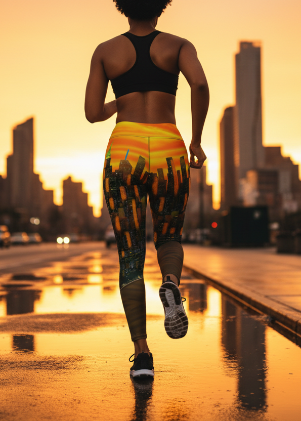 Person wearing orange Loria NYC Art cityscape leggings running on a city street during sunset.