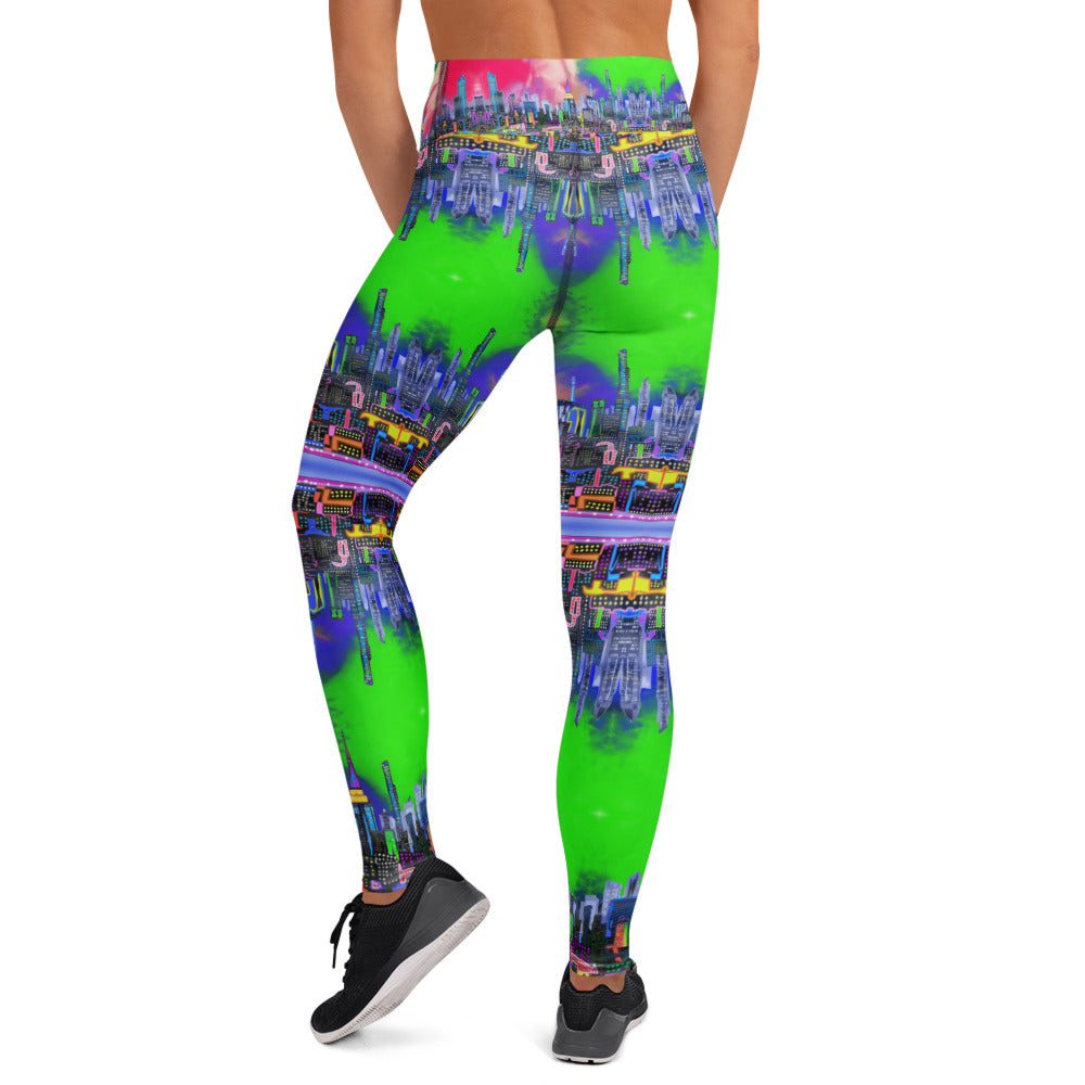 Multicolored tie-dye leggings designed by Loria NYC Art and worn by a person on a  white background