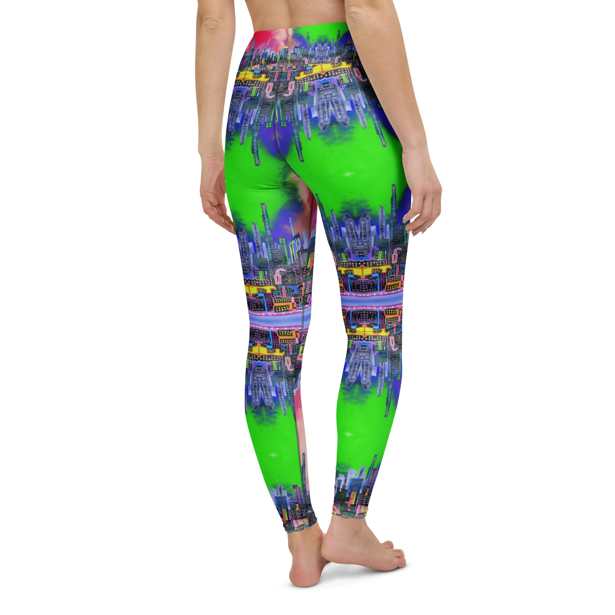 Multicolored tie-dye leggings designed by Loria NYC Art and worn by a person on a white background