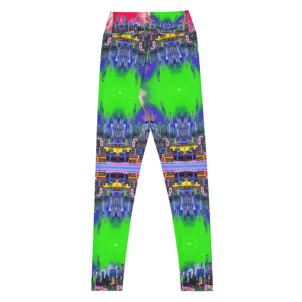 Multicolored tie-dye leggings designed by Loria NYC Art and on a white background