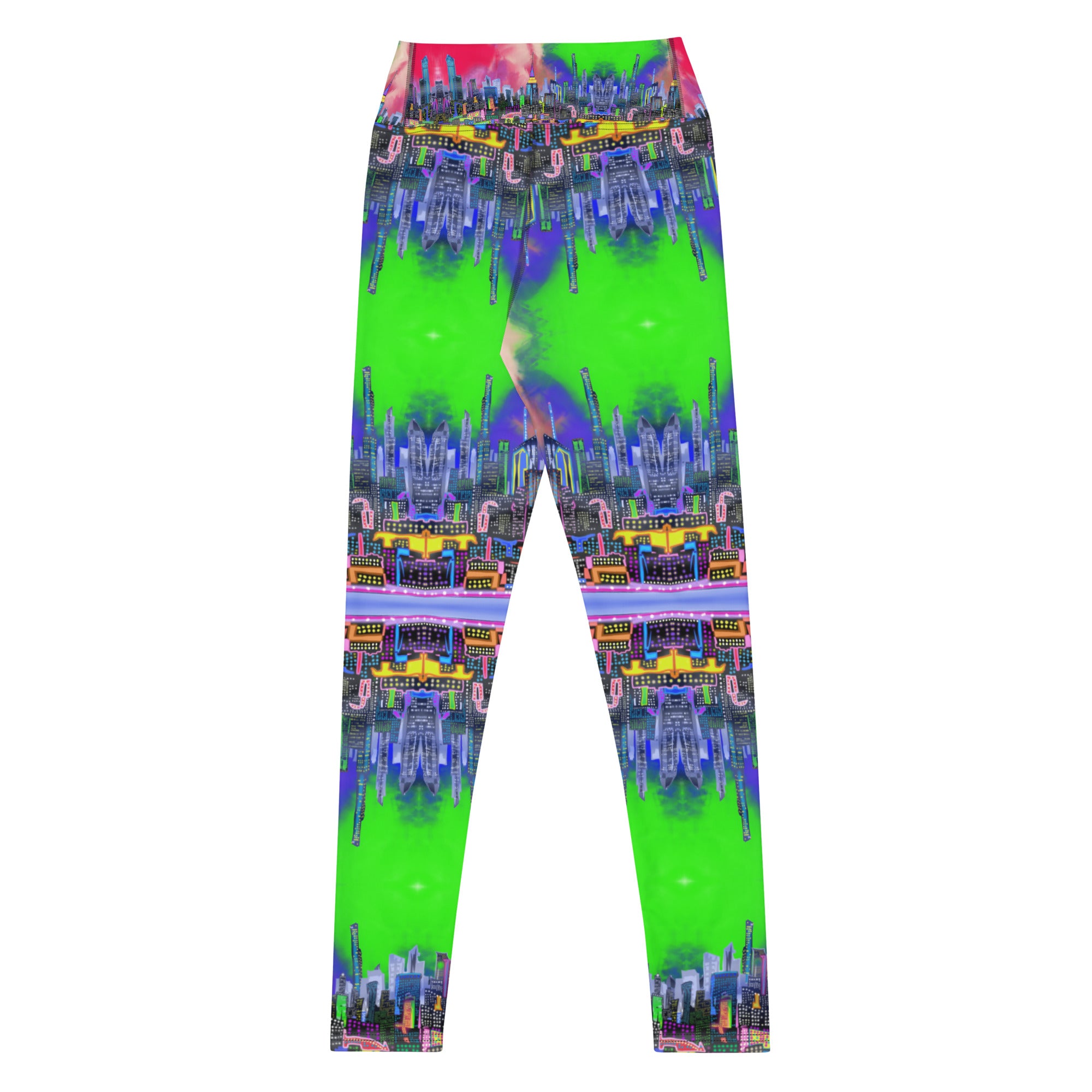 Multicolored tie-dye leggings designed by Loria NYC Art and on a white background